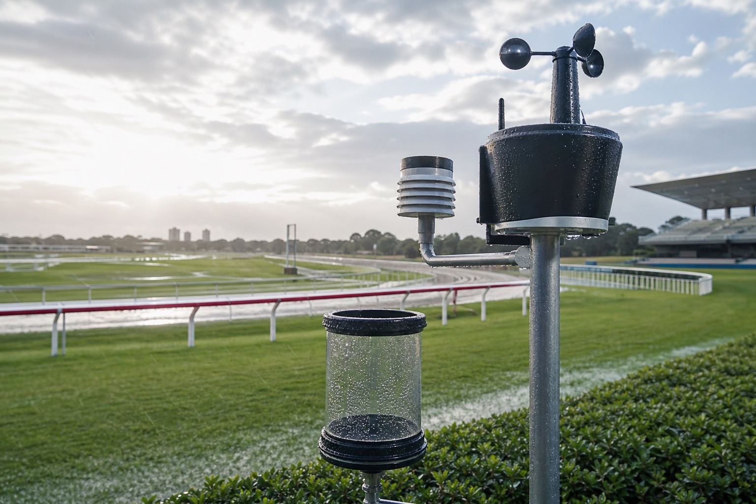 Trackside rain gauge and temperature sensor beside a wet racecourse