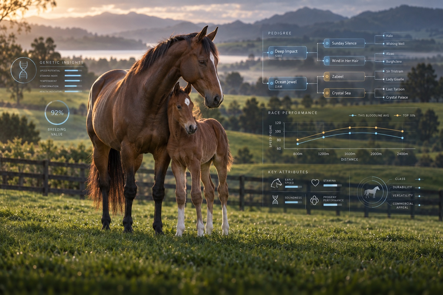 Illustration of a mare and foal with pedigree connections