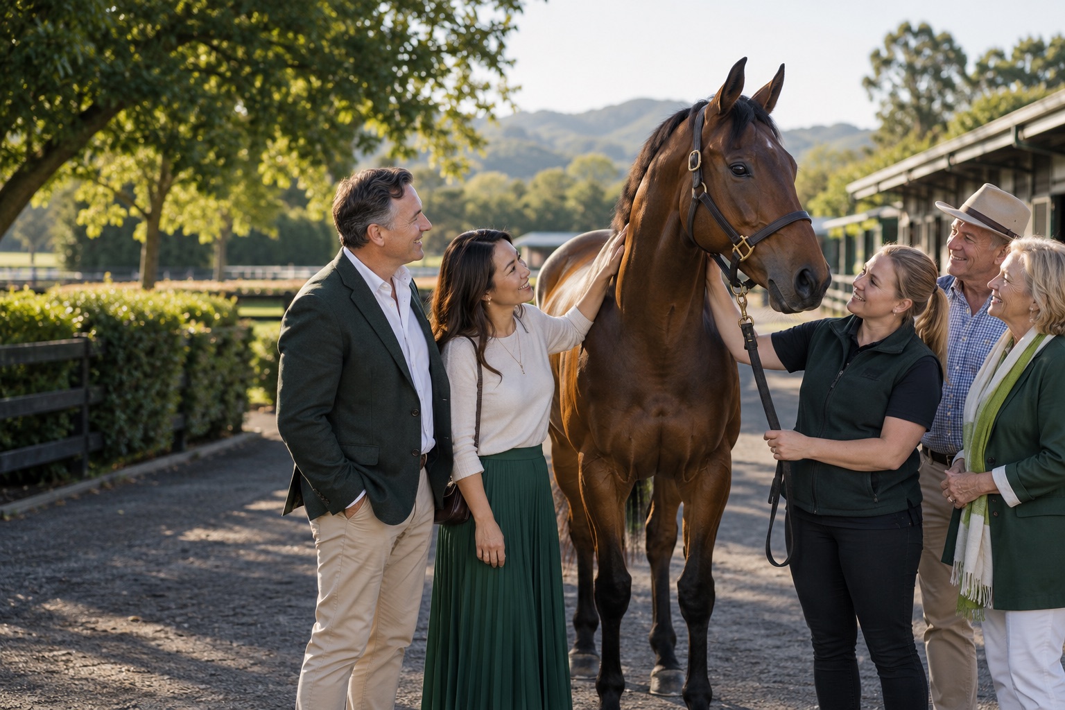 Thoroughbred owners and stable staff sharing a relaxed moment with their horse